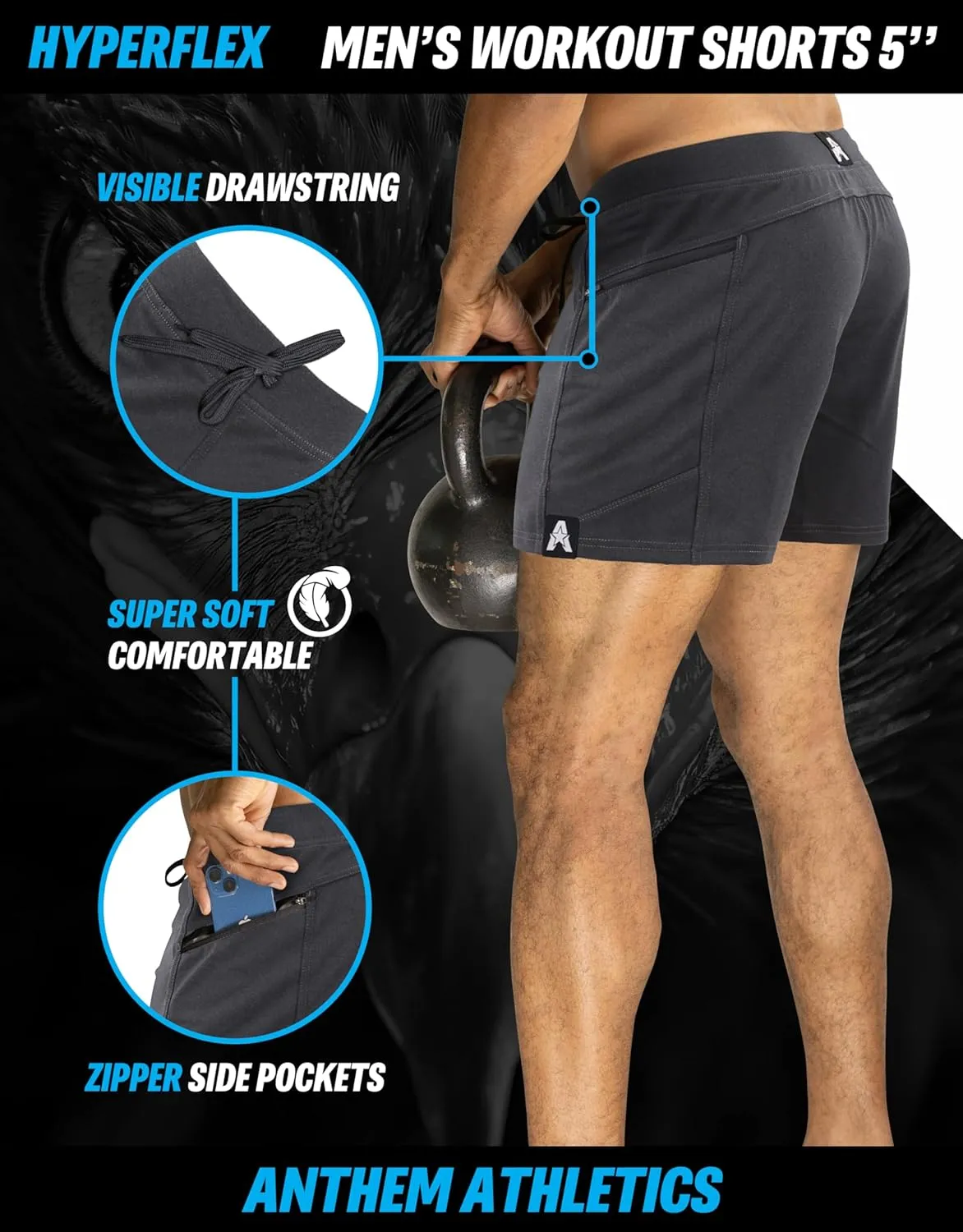 Anthem Athletics Hyperflex Mens Gym Shorts 5" 7" 9" Inseam Workout Athletic Sport Exercise Training Running Shorts for Men