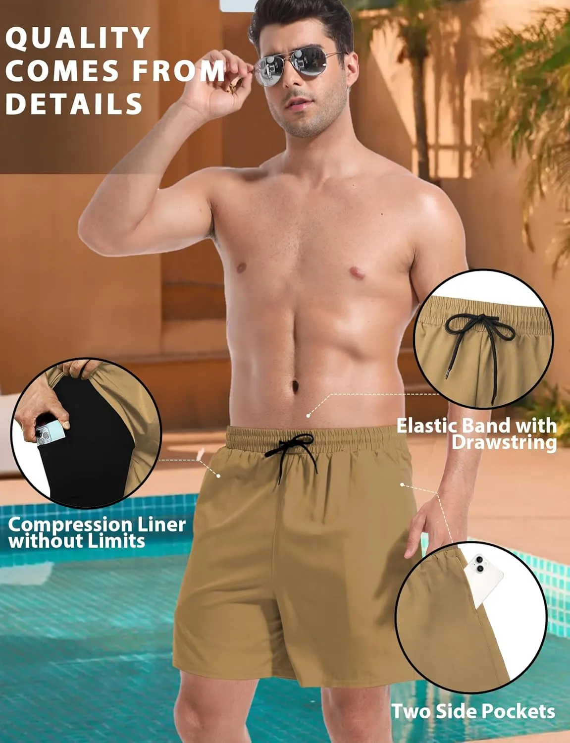 Buauty Mens Swim Trunks with Compression Liner 5 Inch Inseam Quick Dry Swim Shorts Mens Swimsuit Board Shorts with Pockets