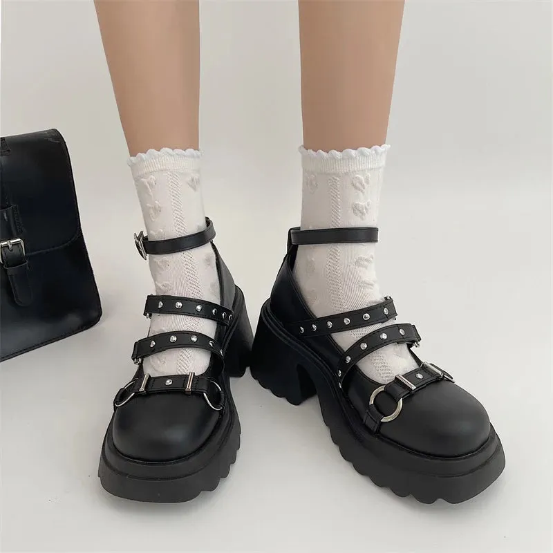 Hnzxzm Fashion Rivet Gothic Punk Shoes for Women Cross Strap Platform Mary Janes Woman Metal Decoration Thick Heels Lolita Shoes