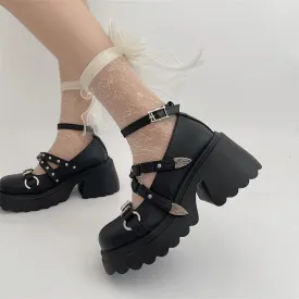 Hnzxzm Fashion Rivet Gothic Punk Shoes for Women Cross Strap Platform Mary Janes Woman Metal Decoration Thick Heels Lolita Shoes