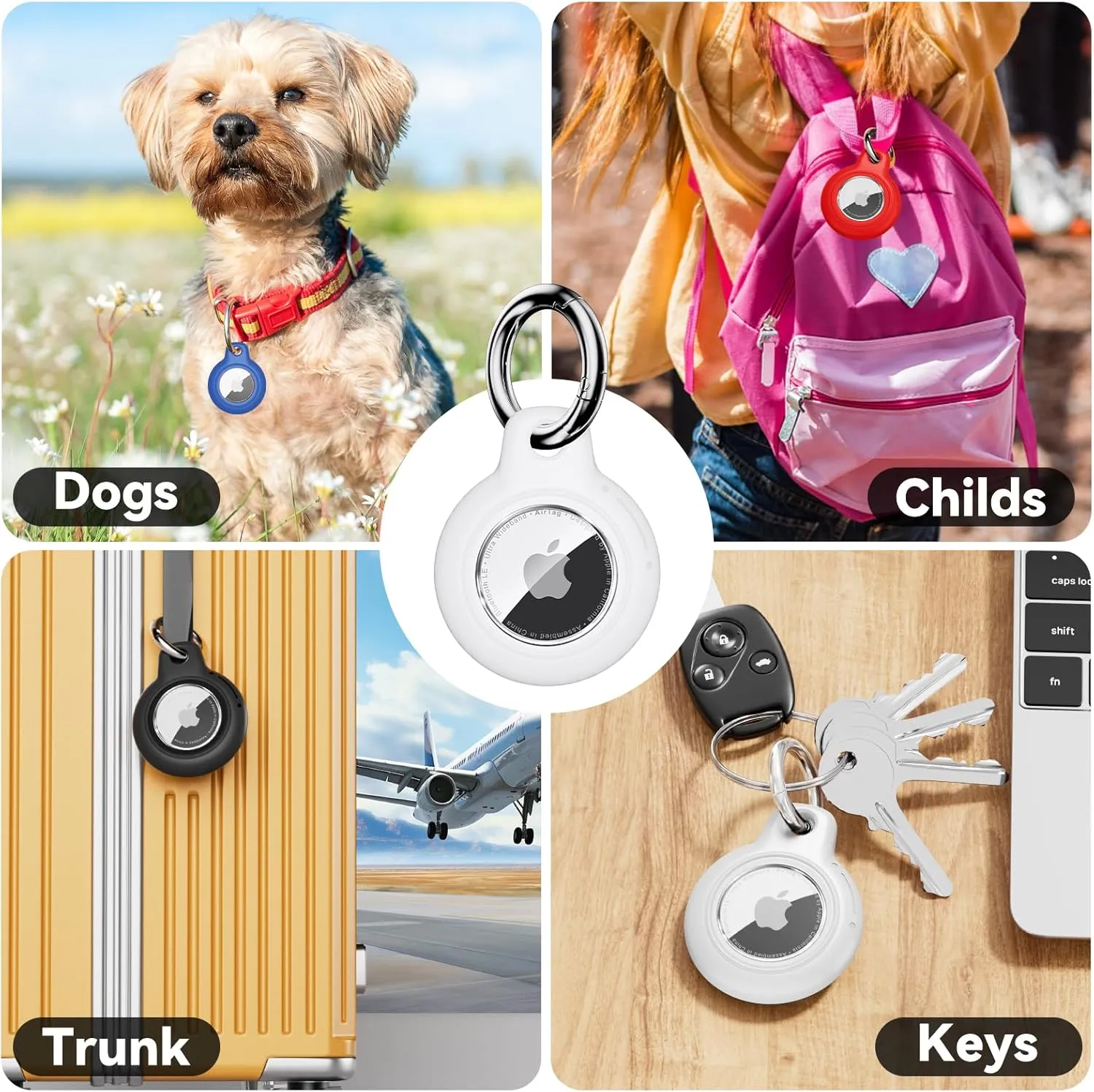 Upgrade Waterproof 4 Pack Airtags Holder with Apple Airtags Keychain, Hard PC Air Tag Case, Anti-Scratch & Shock Air tag Holder, Men's Women's Keyrings & Keychains - Black White Blue Red