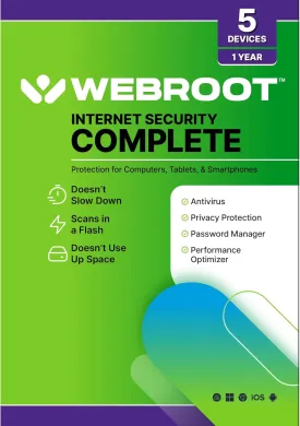 Webroot Internet Security Complete | Antivirus Software 2025 | 5 Device | 1 Year Keycard for PC/Mac/Chromebook/Android/IOS   Password Manager, Performance Optimizer and Cloud Backup | Packaged Version