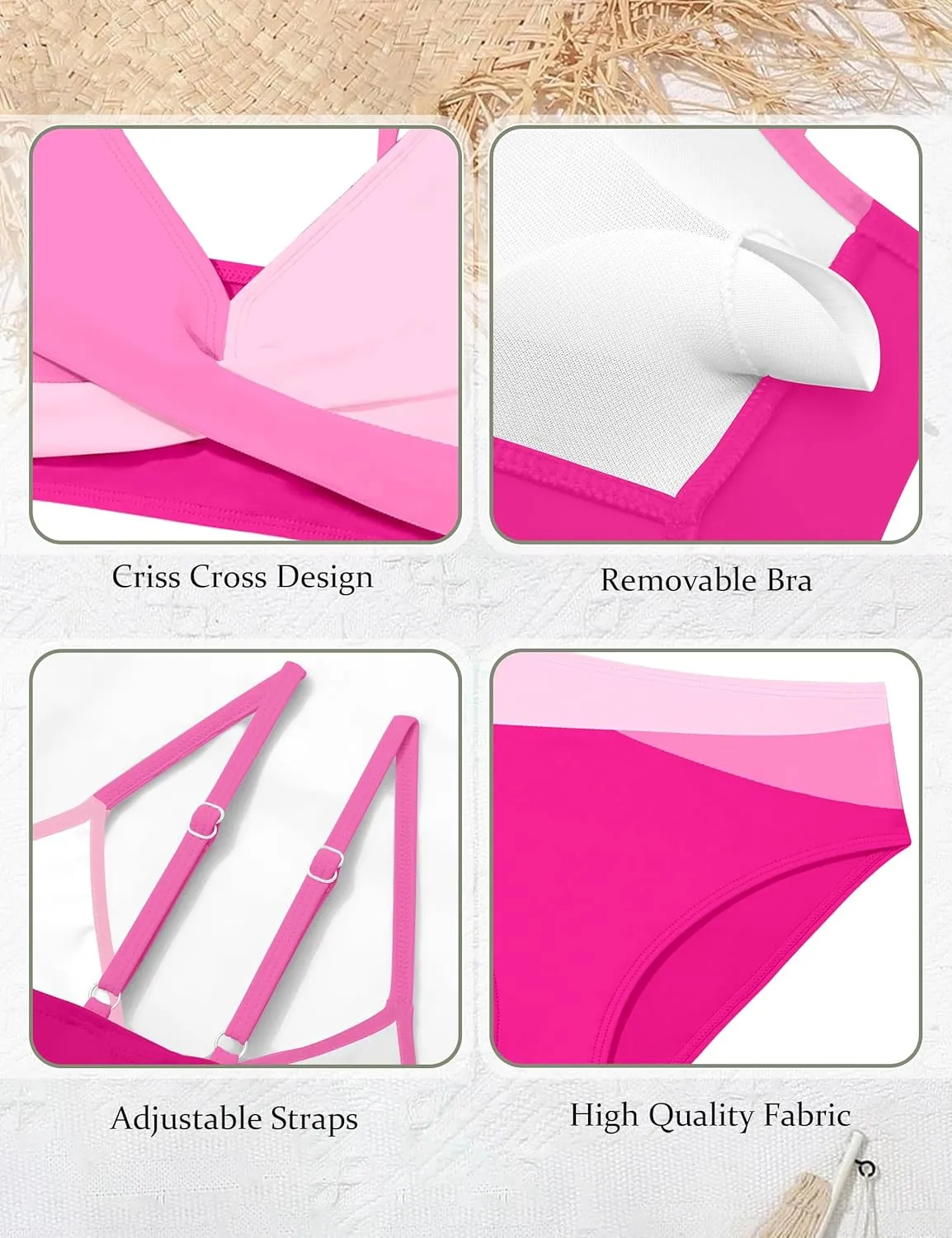 WIQI Girls Swimsuit Bikini Set 2 Piece Bathing Suits Color Block Criss Cross Swimwear Size 9-16