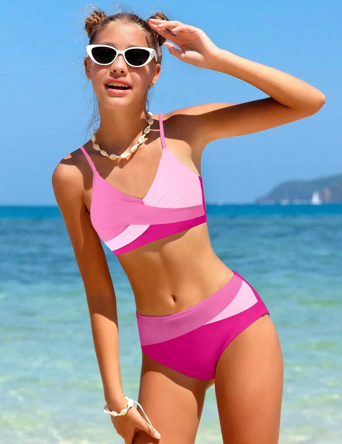 WIQI Girls Swimsuit Bikini Set 2 Piece Bathing Suits Color Block Criss Cross Swimwear Size 9-16