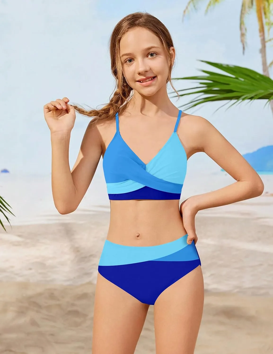 WIQI Girls Swimsuit Bikini Set 2 Piece Bathing Suits Color Block Criss Cross Swimwear Size 9-16