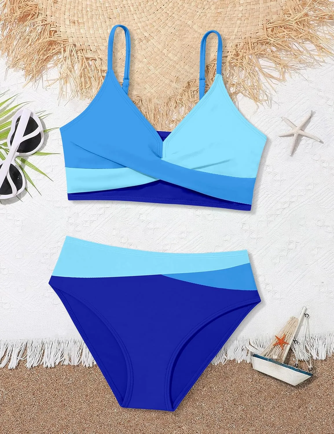 WIQI Girls Swimsuit Bikini Set 2 Piece Bathing Suits Color Block Criss Cross Swimwear Size 9-16
