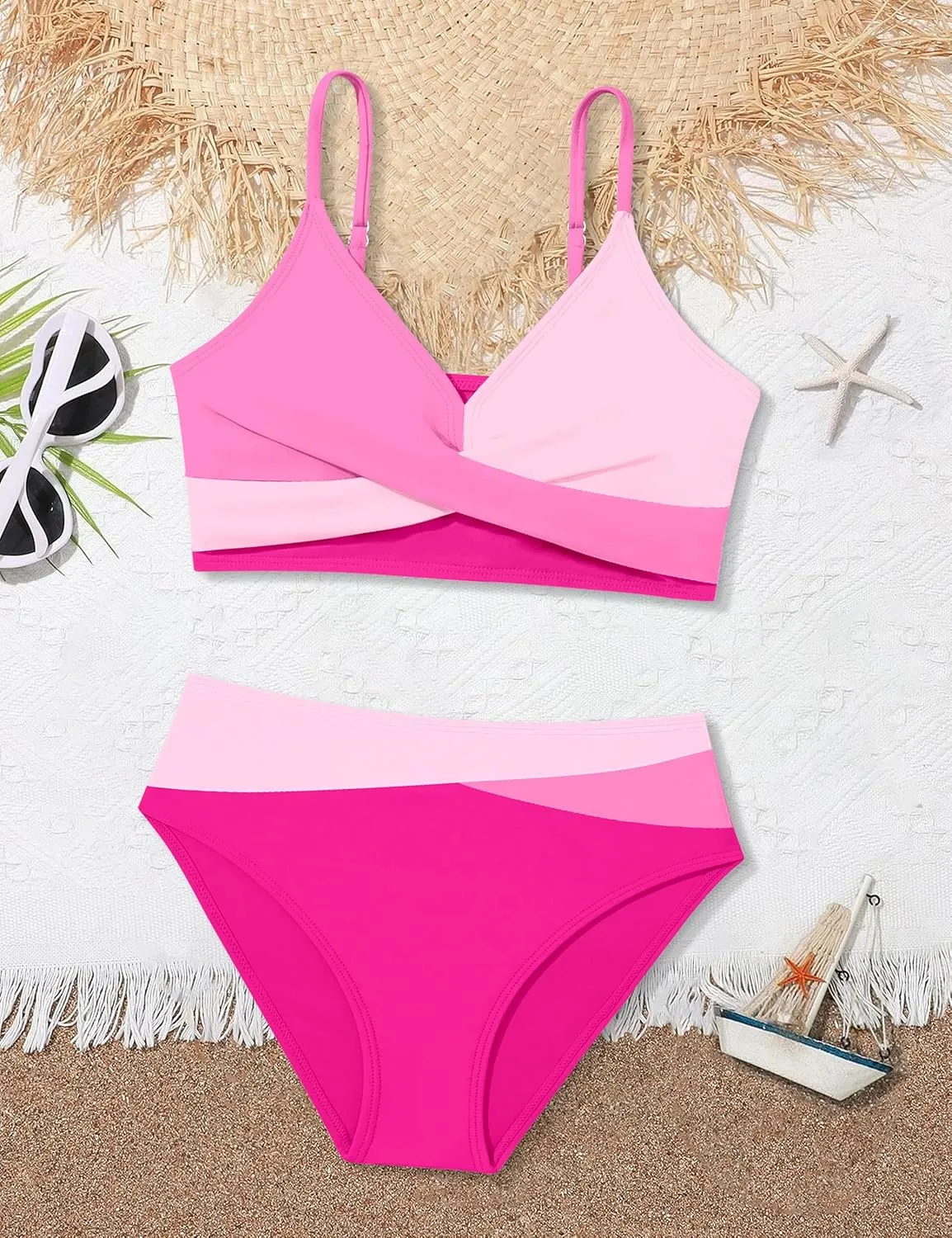 WIQI Girls Swimsuit Bikini Set 2 Piece Bathing Suits Color Block Criss Cross Swimwear Size 9-16