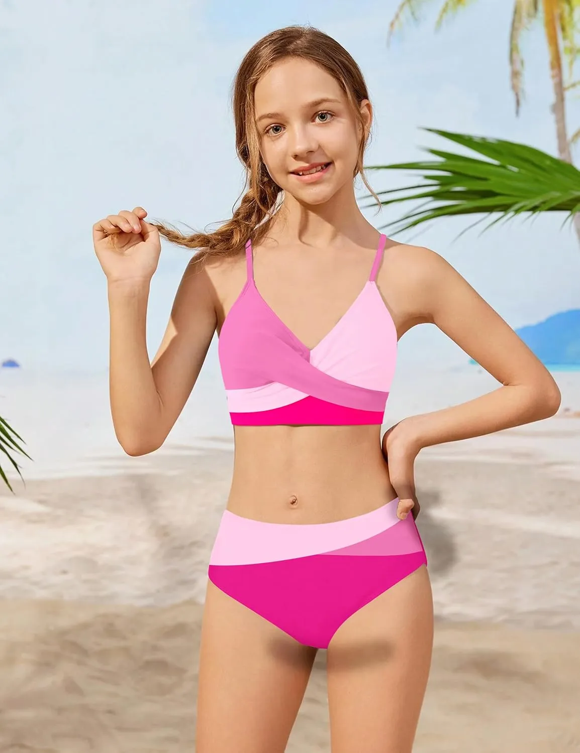 WIQI Girls Swimsuit Bikini Set 2 Piece Bathing Suits Color Block Criss Cross Swimwear Size 9-16